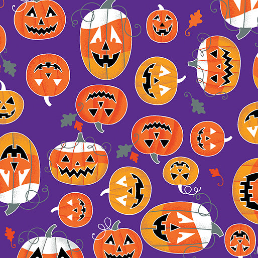 Benartex Halloween Glowoween Pumpkins On Dark Purple Glow in the Dark 100% Cotton Fabric Price per Yard