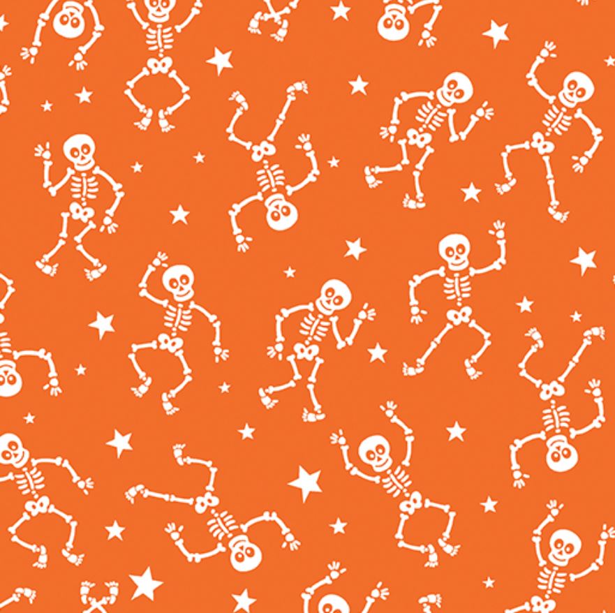 44 x 36 Glow in the Dark Skeletons on Orange Halloween Benartex 100% Cotton Fabric