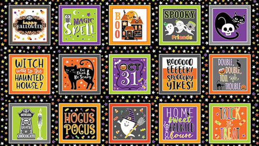 Benartex Halloween Glowoween Boxes On Black Glow in the Dark 100% Cotton Fabric Price per Yard