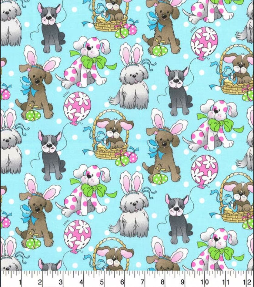 44 x 36 Easter Pups Dogs on Blue Fabric Traditions 100% Cotton