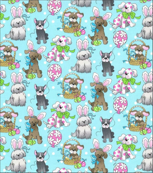 44 x 36 Easter Pups Dogs on Blue Fabric Traditions 100% Cotton