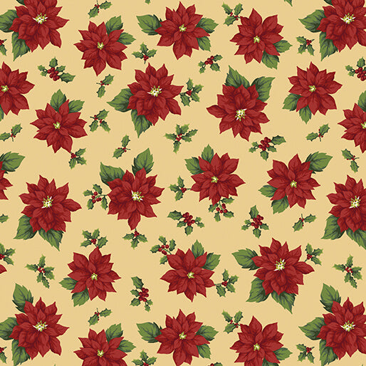 45 x 36 Poinsettia Toss on Honey Benartex 100% Cotton Fabric Christmas
