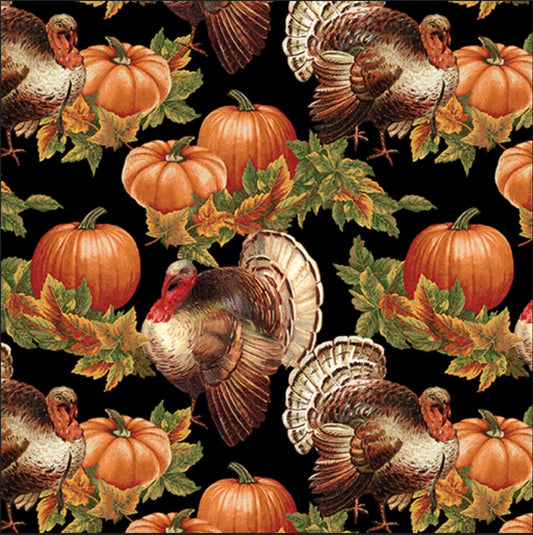 44 x 36 Turkey and Pumpkins on Black Fall Thanksgiving Benartex 100% Cotton Fabric