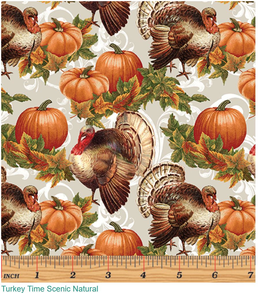 44 x 36 Turkey and Pumpkins on Cream Benartex Fall Thanksgiving 100% Cotton Fabric