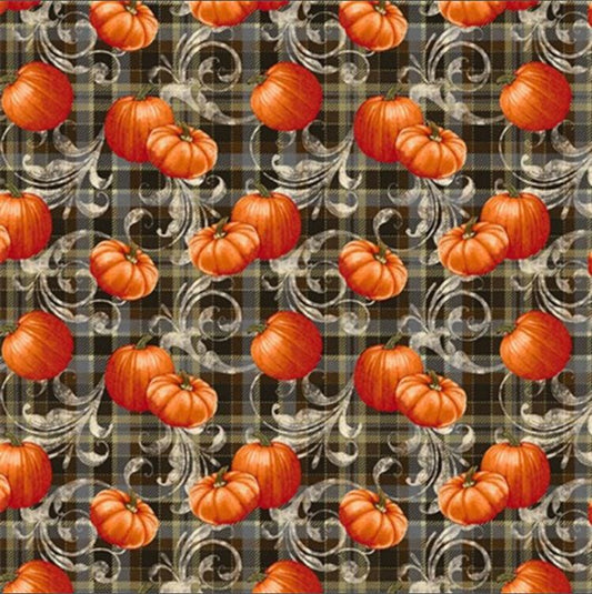 44 x 36 Pumpkin Plaid Scroll on Black Fall Thanksgiving Benartex 100% Cotton Fabric