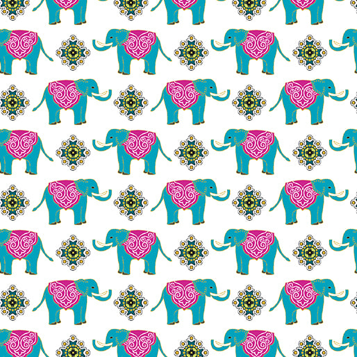 44 x 36 Small Elephants on White Metallic Benartex 100% Cotton All Over Print
