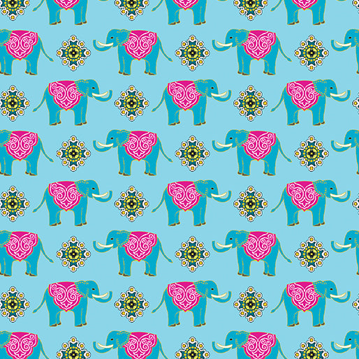 44 x 36 Small Elephants on Turquoise Metallic Benartex 100% Cotton All Over Print