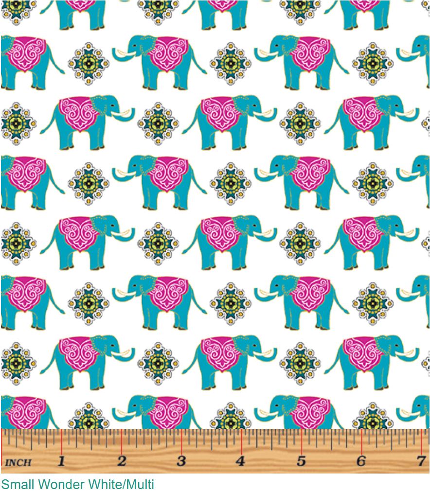 44 x 36 Small Elephants on White Metallic Benartex 100% Cotton All Over Print