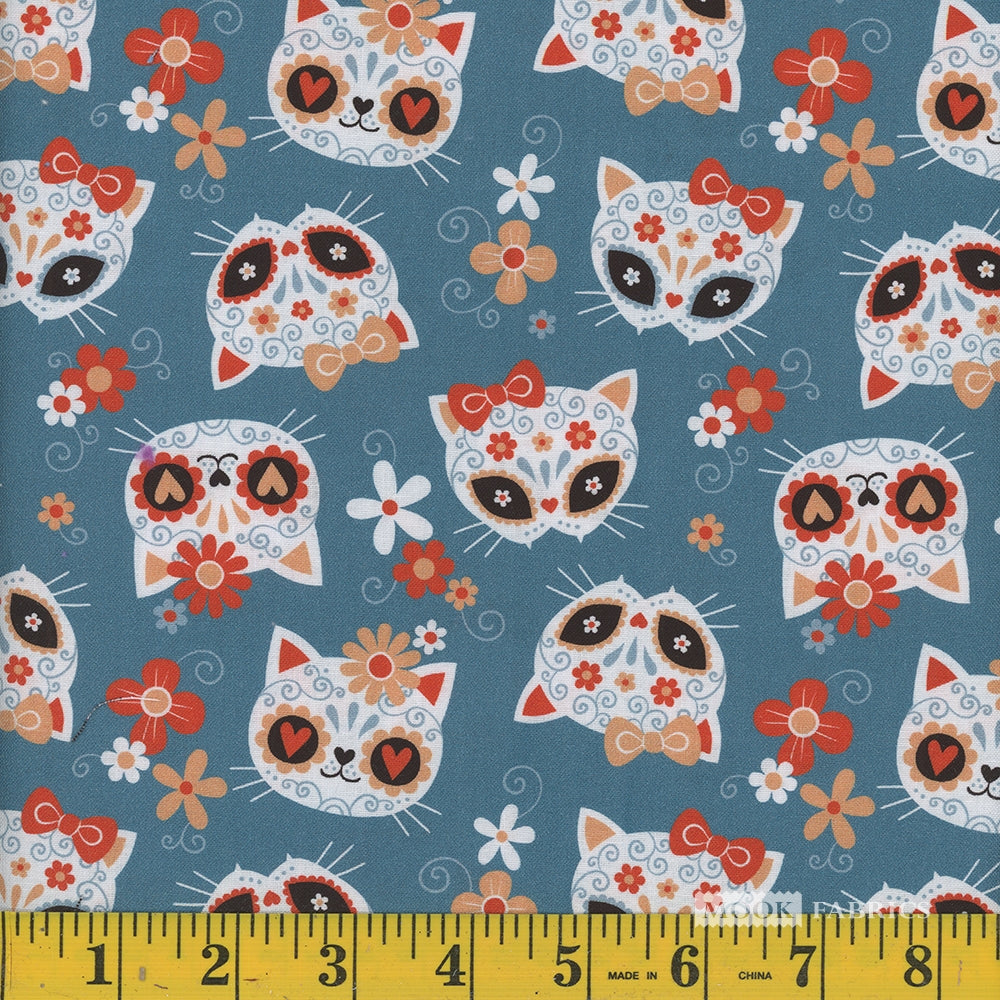 Price per Yard Sugar Skulls Cats on Black 100% Cotton Fabric Halloween