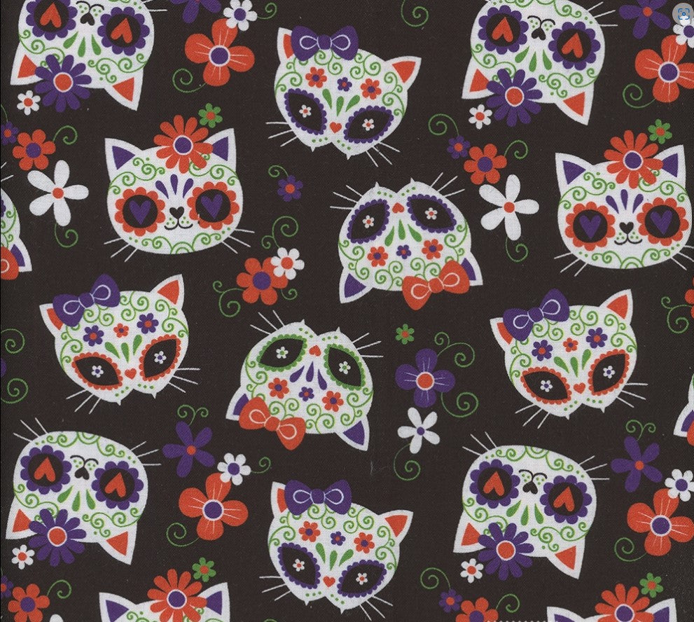 Price per Yard Sugar Skulls Cats on Black 100% Cotton Fabric Halloween