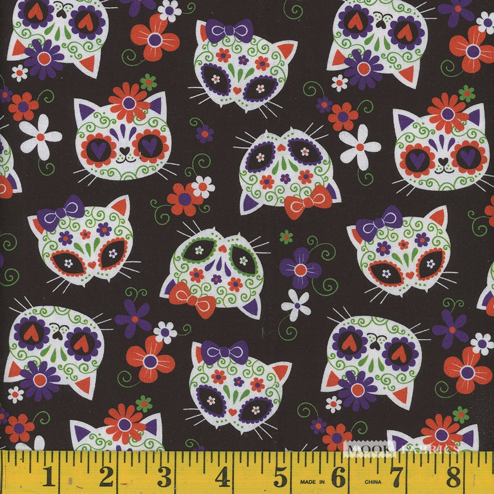 Price per Yard Sugar Skulls Cats on Black 100% Cotton Fabric Halloween