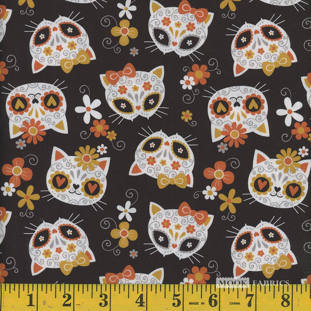 Price per Yard Sugar Skulls Cats on Black 100% Cotton Fabric Halloween