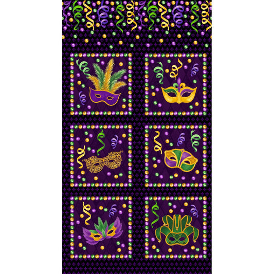 44 x 24 Mardi Gras Panel 6 Blocks 10" x 10" Henry Glass 100% Cotton All Over Print