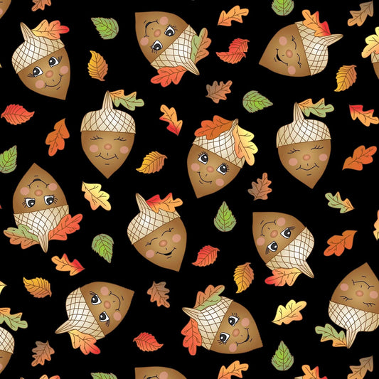 44 x 36 Acorn toss on Black Quilting Treasures 100% Cotton Thanksgiving