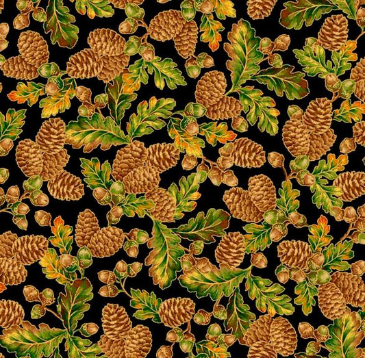 44 x 36 Acorns Pinecones Leaves On Black Quilting Treasures 100% Cotton Thanksgiving