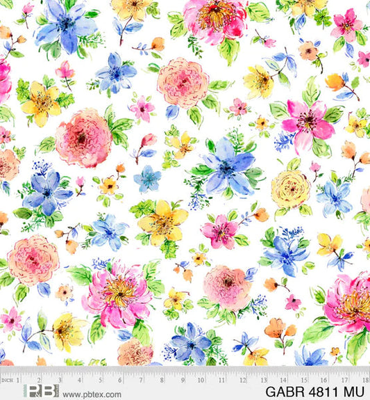 Bright Pink Blue Yellow Flowers on White 100% Cotton Fabric All Over Print