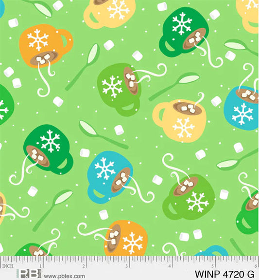 44 x 36 Christmas Cocoa mugs and spoons on Green 100% Cotton Fabric