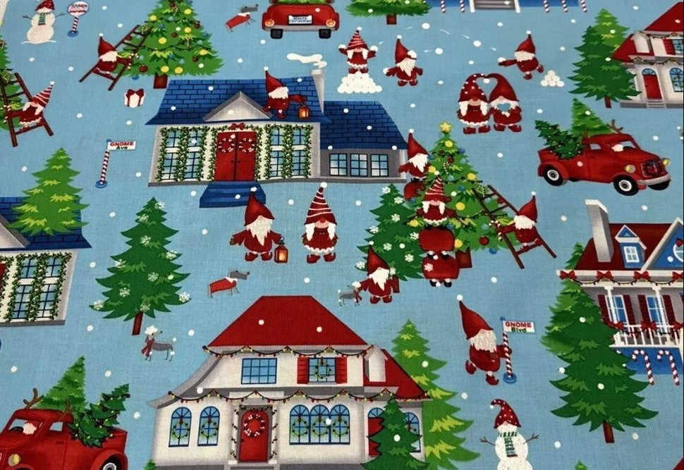 44 x 36 Christmas Gnome Sweet Gnome on Blue Benartex 100% Cotton
