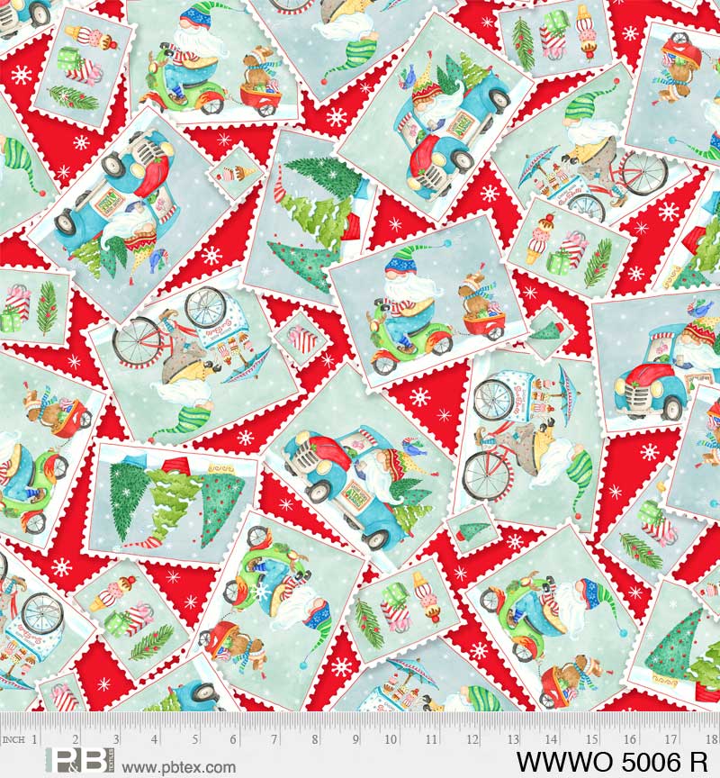 44 x 36 Christmas Gnomes Postcard Toss on Red 100% Cotton Fabric