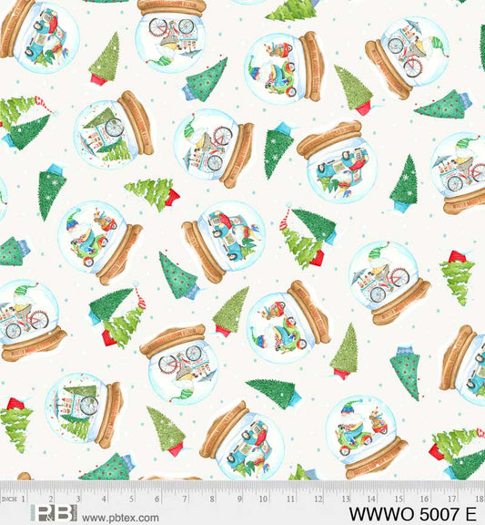 44 x 36 Christmas Gnomes Snow Globes Toss on Cream 100% Cotton Fabric