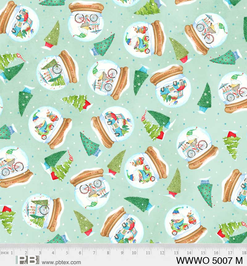 44 x 36 Christmas Gnomes Snow Globes Toss on Mint Green 100% Cotton Fabric