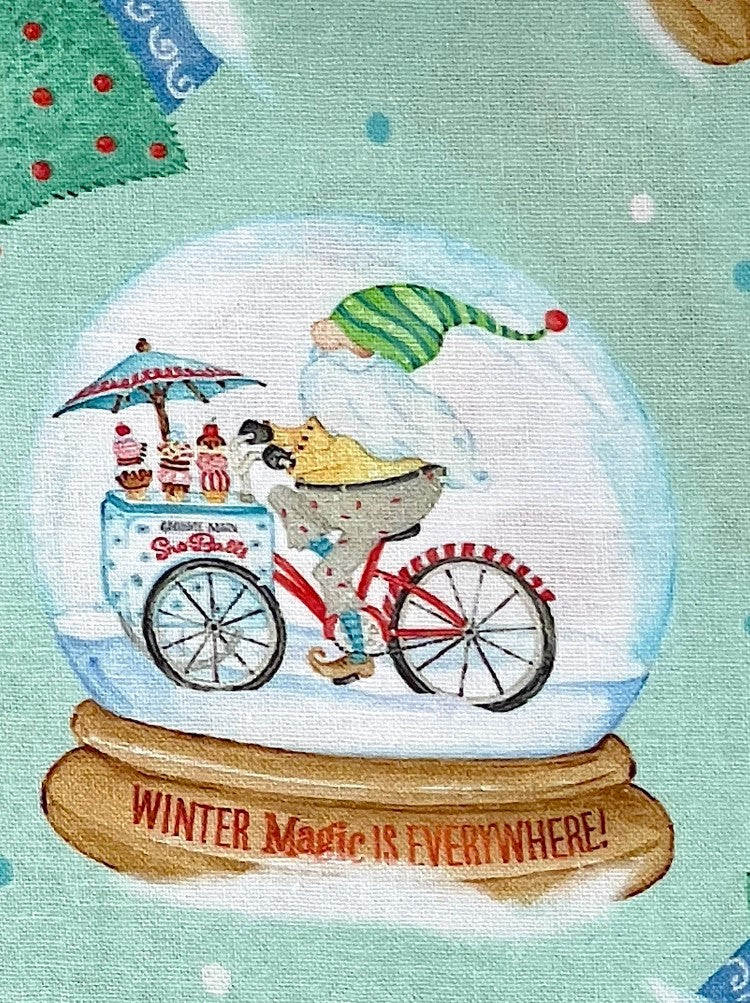 44 x 36 Christmas Gnomes Snow Globes Toss on Mint Green 100% Cotton Fabric