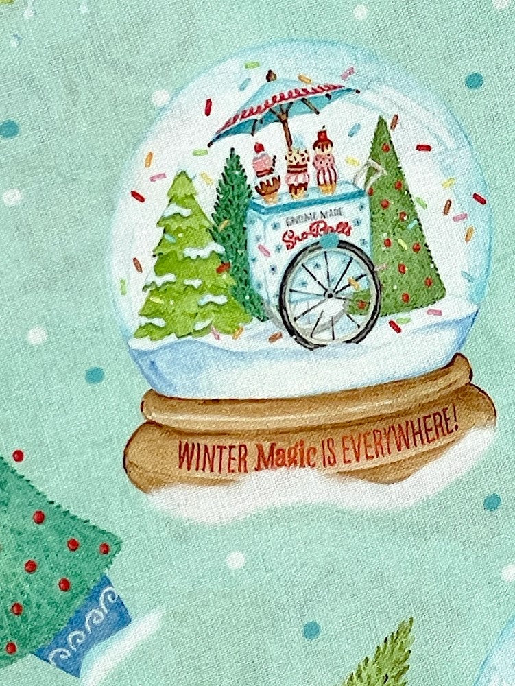 44 x 36 Christmas Gnomes Snow Globes Toss on Mint Green 100% Cotton Fabric
