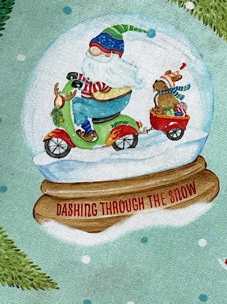 44 x 36 Christmas Gnomes Snow Globes Toss on Mint Green 100% Cotton Fabric