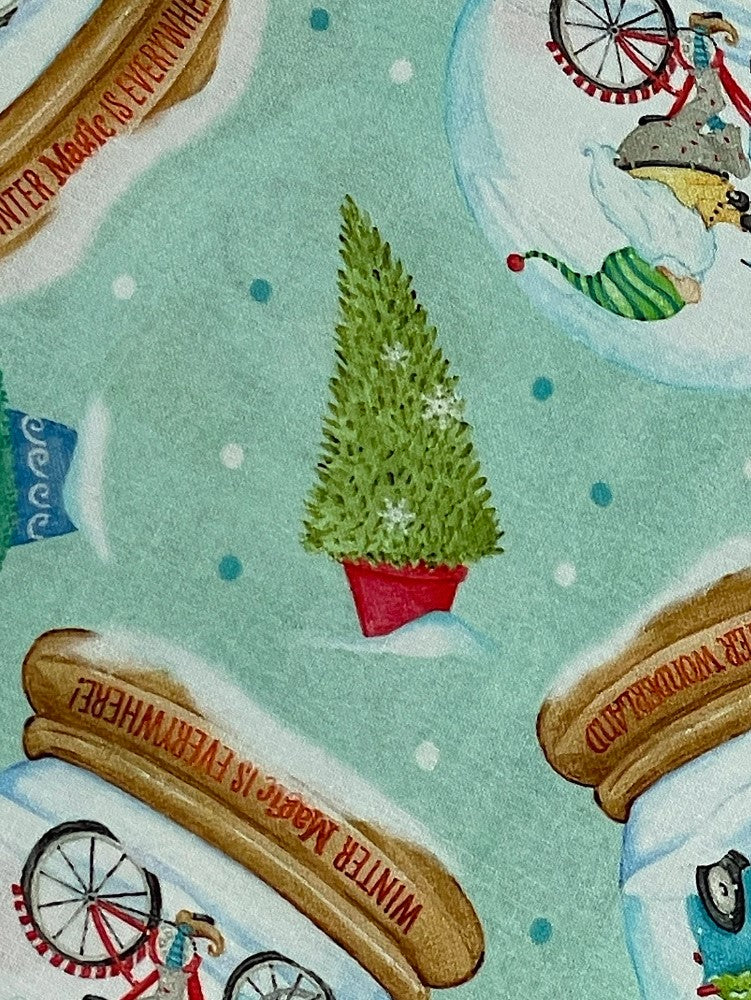 44 x 36 Christmas Gnomes Snow Globes Toss on Mint Green 100% Cotton Fabric