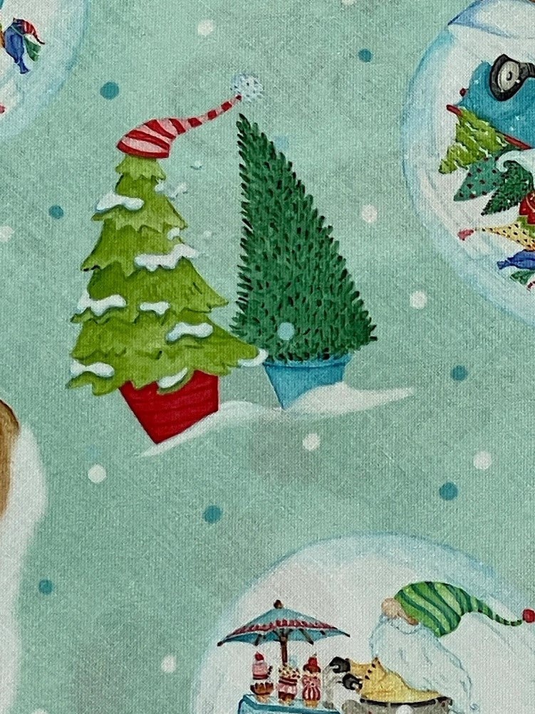 44 x 36 Christmas Gnomes Snow Globes Toss on Mint Green 100% Cotton Fabric
