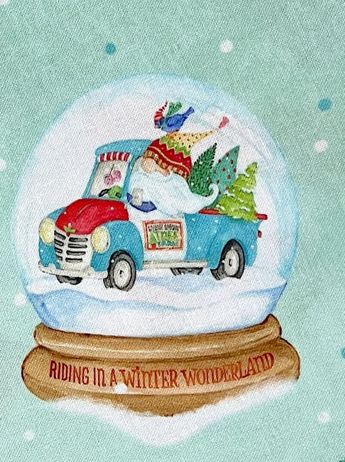 44 x 36 Christmas Gnomes Snow Globes Toss on Mint Green 100% Cotton Fabric