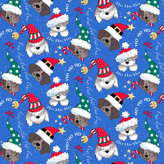 44 x 36 Christmas Ho Ho Ho Dogs Puppies on Blue Glitter Fabric Traditions 100% Cotton