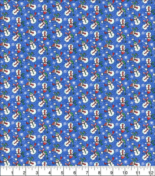 44 x 36 Christmas Mini Snowmen on Blue Glitter Fabric Traditions 100% Cotton