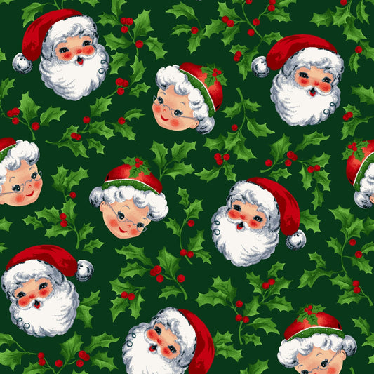 44 x 36 Christmas Mr and Mrs Santa Claus Heads on Green Fabric Traditions 100% Cotton