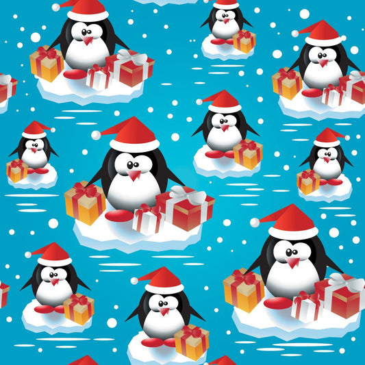 44 x 36 Christmas Penguins with Presents on Blue 100% Cotton Fabric By the Yard