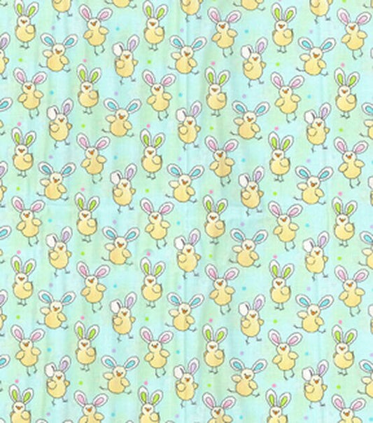 44 x 36 Easter Chicks with Bunny Ears on light green Fabric Traditions 100% Cotton