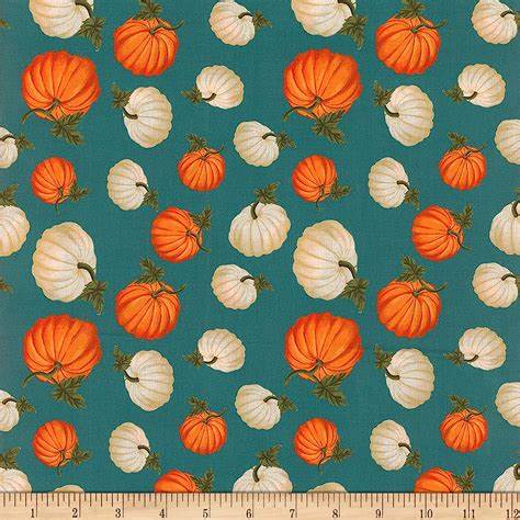 44 x 36 Fall Autumn Tossed Pumpkins on Teal 100% Cotton Fabric Thanksgiving