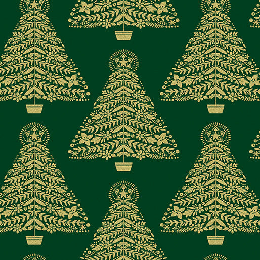 44 x 36 Festive Trees on Green Benartex Christmas Metallic 100% Cotton Fabric