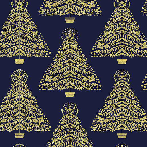 44 x 36 Festive Trees on Navy Benartex Christmas Metallic 100% Cotton Fabric