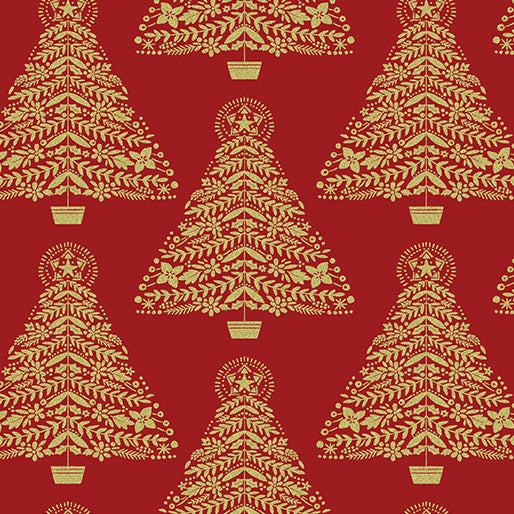 44 x 36 Festive Trees on Red Benartex Christmas Metallic 100% Cotton Fabric