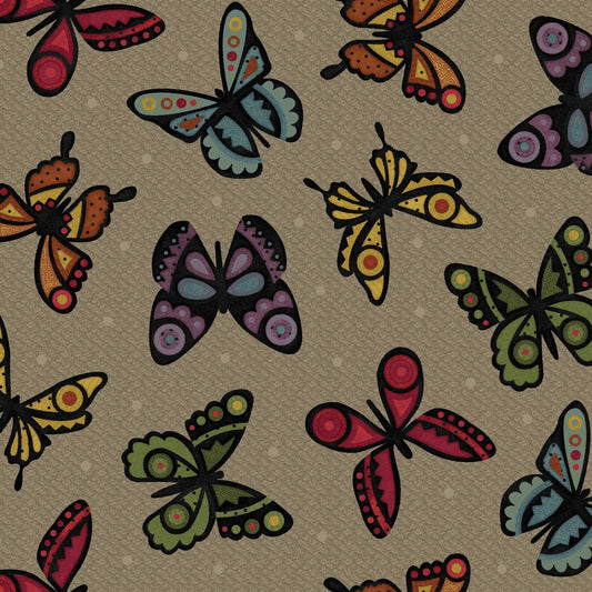 44 x 36 FLANNEL Bonnie's Butterflies on Tan Brown 100% Cotton Floral