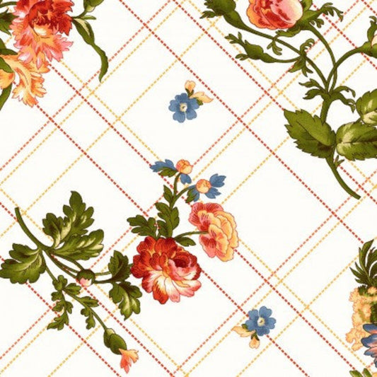 44 x 36 Floral Belle Epoque Bias Plaid Floral on Cream 100% Cotton