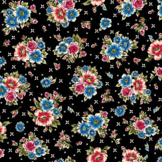 44 x 36 Floral on Black Maywood Studio 100% Cotton All Over Print