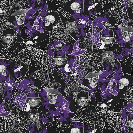 44 x 36 Glow in the Dark Large Owls Skulls on Purple Halloween Benartex 100% Cotton Fabric