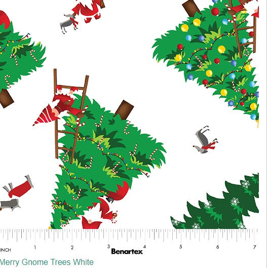 44 x 36 Gnomes Christmas Trees on White Benartex 100% Cotton