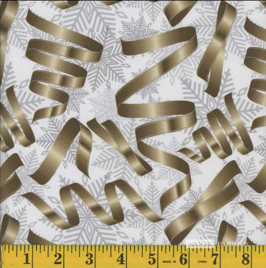 44 x 36 Gold Ribbons Silver Snowflakes Christmas 100% Cotton Fabric