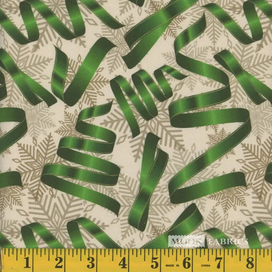 44 x 36 Green Ribbons Silver Snowflakes Christmas 100% Cotton Fabric