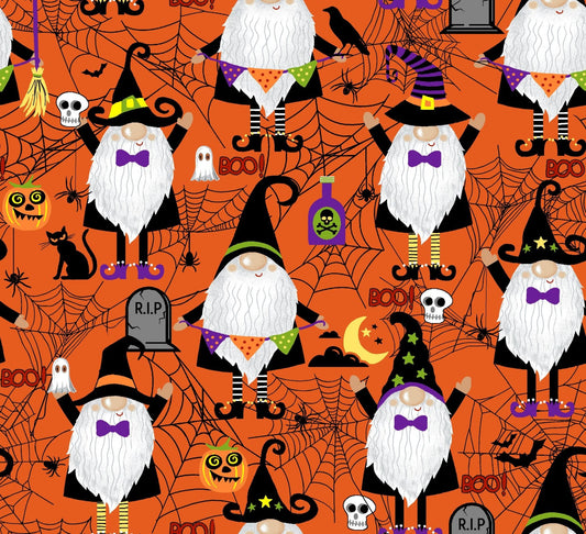 44 x 36 Halloween Bewitching Gnomes on Orange Fabric Traditions 100% Cotton