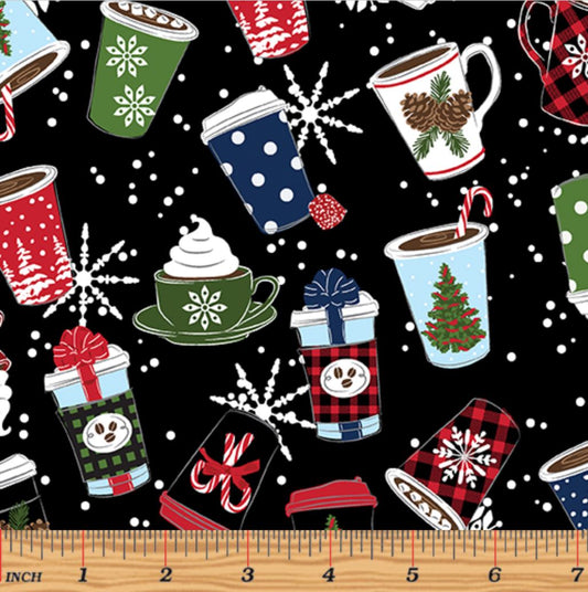 44 x 36 Holiday Drinks on Black Benartex Christmas 100% Cotton Fabric