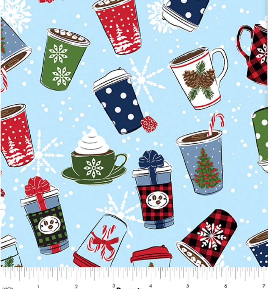 44 x 36 Holiday Drinks on Light Blue Benartex Christmas 100% Cotton Fabric